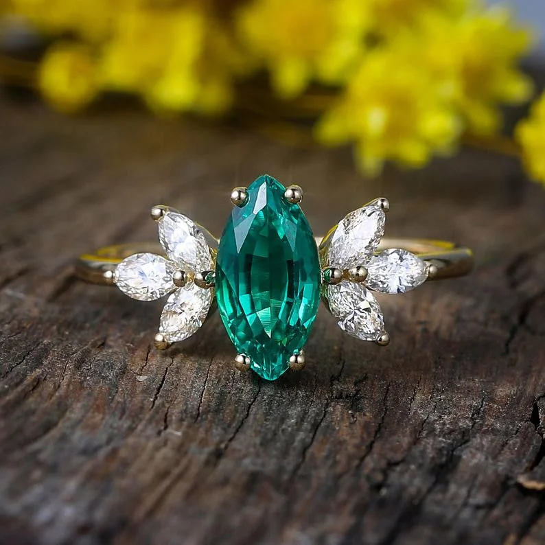 women engagement rings with matching bands -Vintage Marquise Fiony Emerald Cluster Diamond Engagement Ring