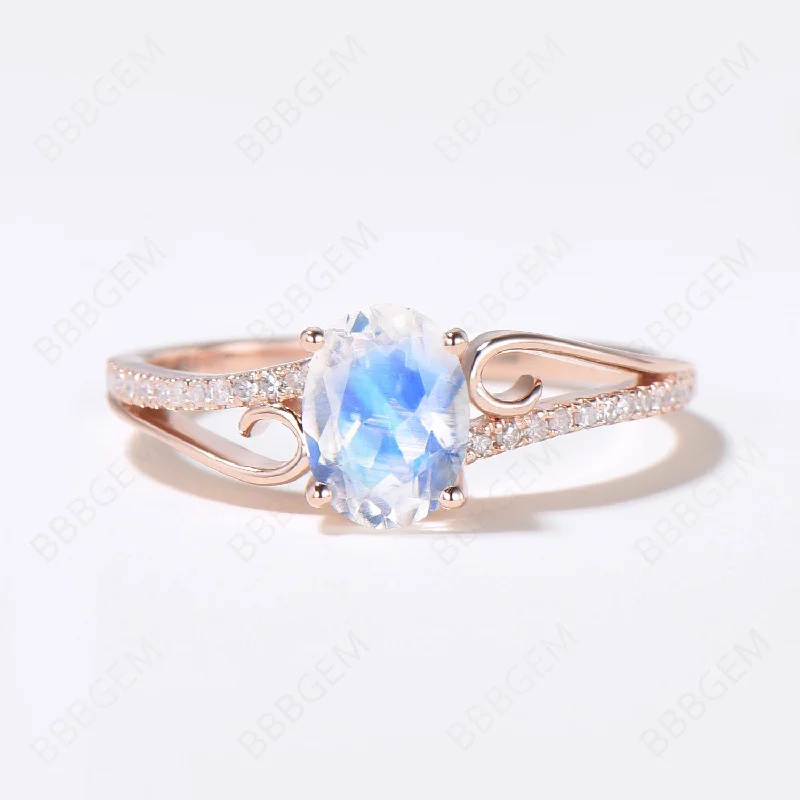 women two-tone engagement rings -Art Deco Moonstone Engagement Ring Curved Wedding Ring Rose Gold Split Shank Band