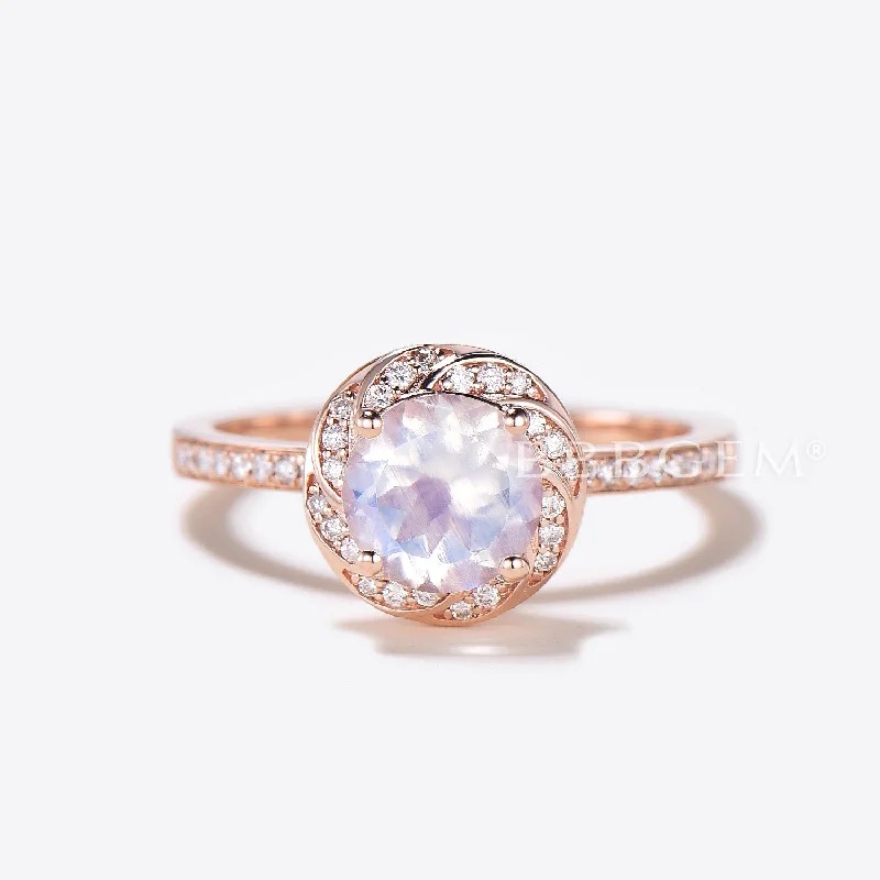 women diamond ring engagement sets -Rose Gold Natural Rainbow Moonstone Engagement Ring Halo Diamond Wedding Ring