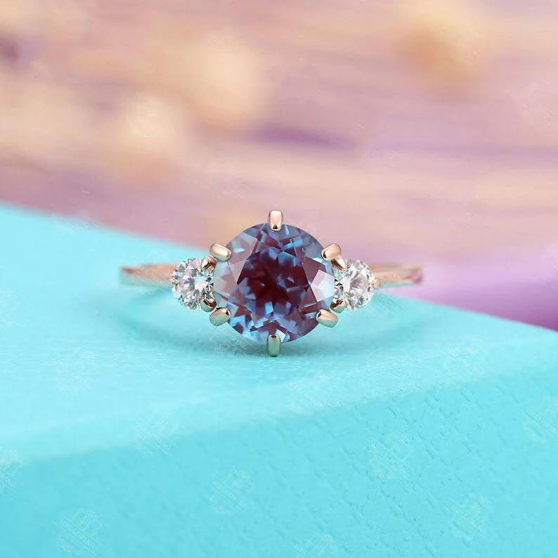 women moissanite engagement rings -Vintage 7mm Round Alexandrite Engagement Ring With Moissanite Three Stone 6 Prong Ring