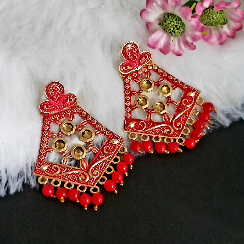 women modern earrings -Woma Matte Red Meenakari Dangler Beads Drop Earrings