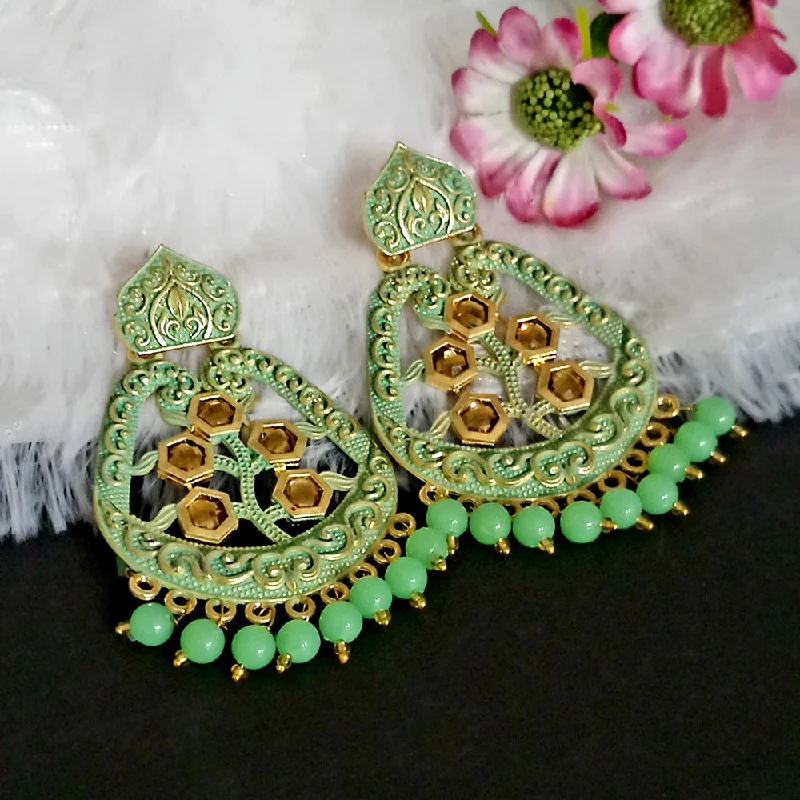 women drop earrings -Woma Matte Green Meenakari Dangler Beads Drop Earrings