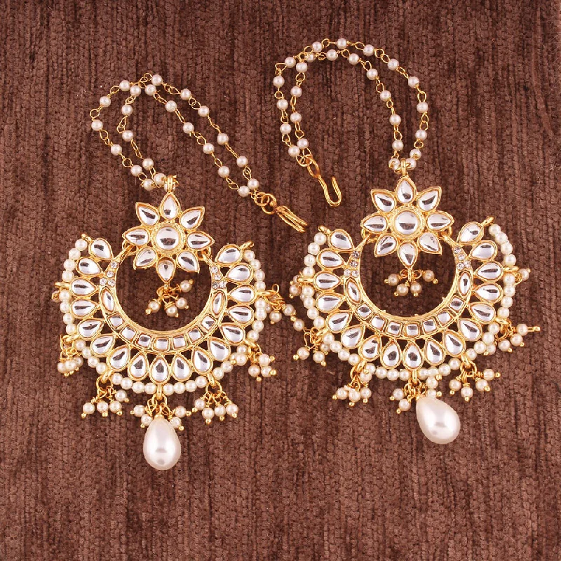 women custom earrings -Etnico Traditional Gold Plated Chandbali Earrings With Hair Chain Encased With Faux Kundans For Women/Girls (E2453W)