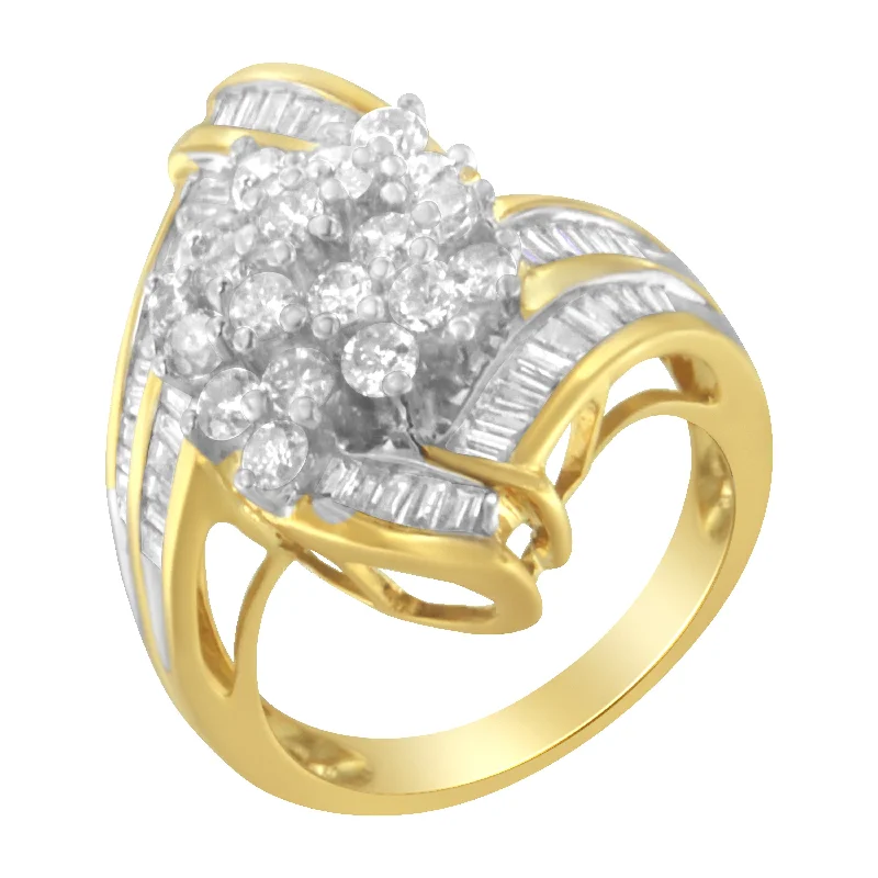 women halo engagement ring sets -10K Yellow Gold Round and Baguette Diamond Swirl Ring