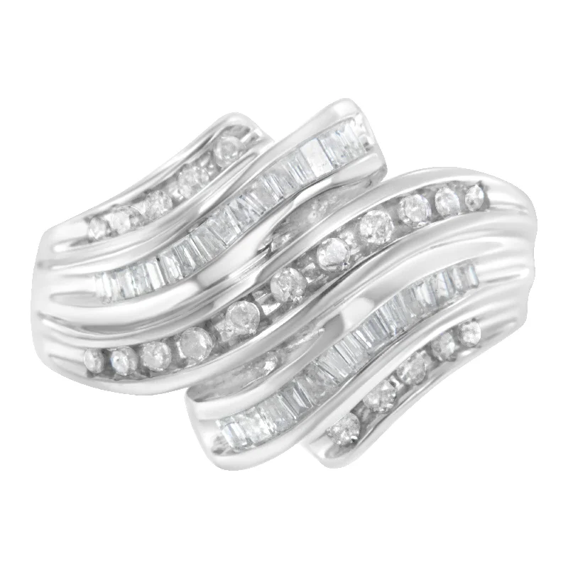 women custom wedding rings -10K White Gold Round and Baguette Cut Diamond Channel Ring