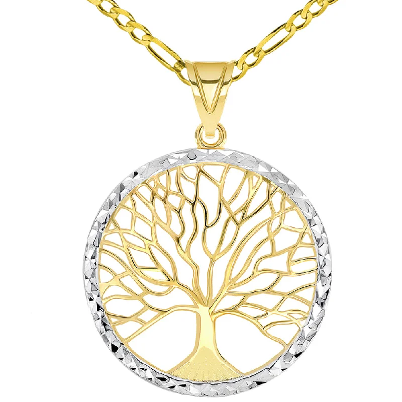 women zodiac necklaces -14k Yellow Gold Textured Round Elegant Two Tone Tree of Life Medallion Pendant with Figaro Chain Necklace