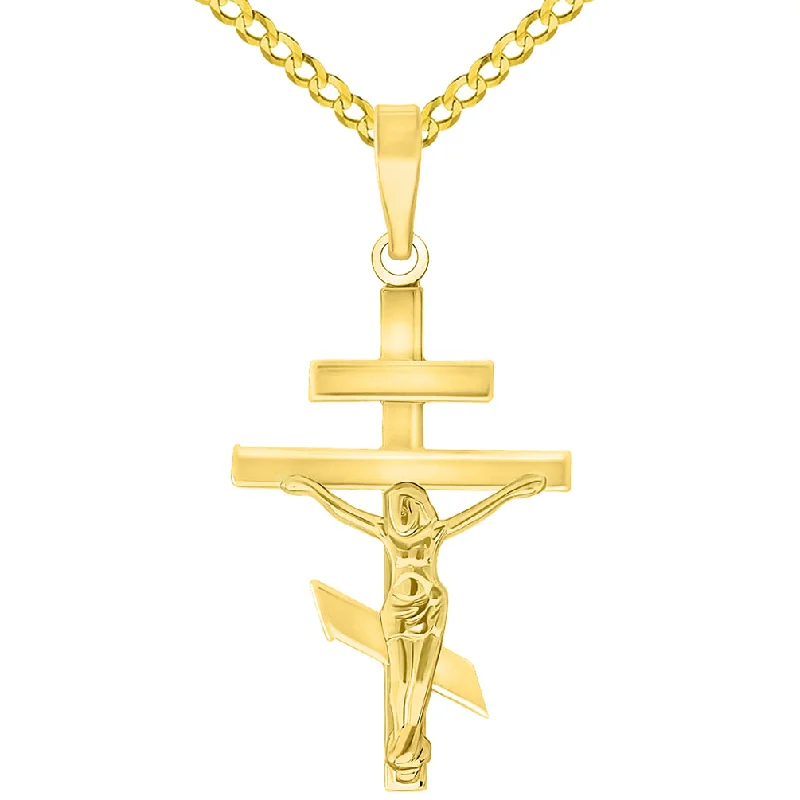 women gold chain necklaces -High Polish 14k Yellow Gold Russian Orthodox Cross Crucifix Pendant with Cuban Curb Chain Necklace