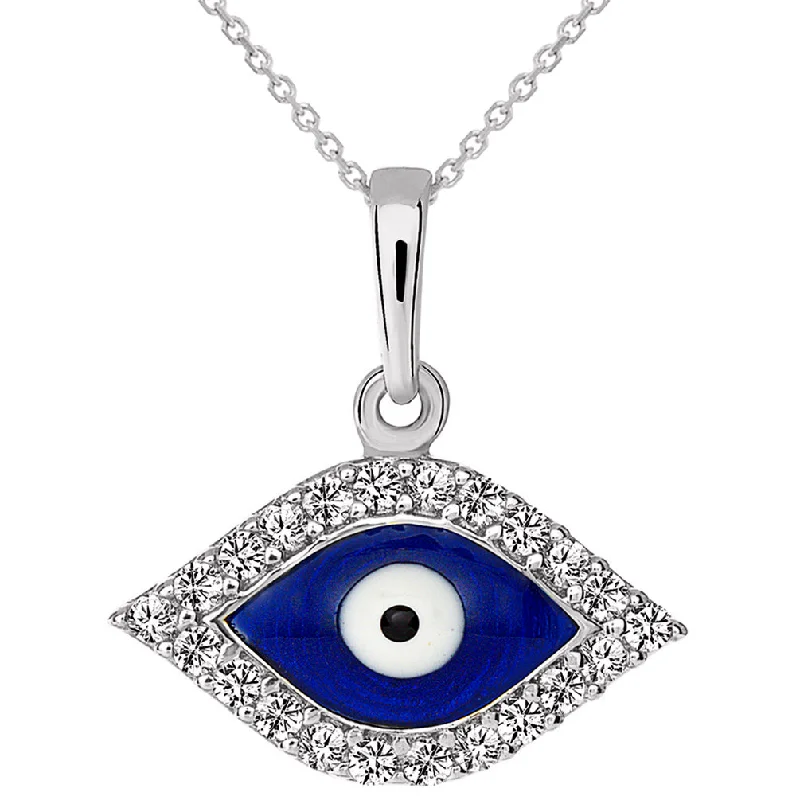 women tassel necklaces -Solid 14k White Gold CZ Nazar Evil Eye Charm Pendant Necklace