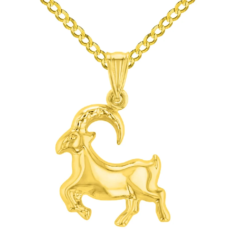 women minimalist necklaces -High Polish 14k Yellow Gold 3D Capricorn Zodiac Sign Charm Sea-Goat Animal Pendant Cuban Curb Chain Necklace