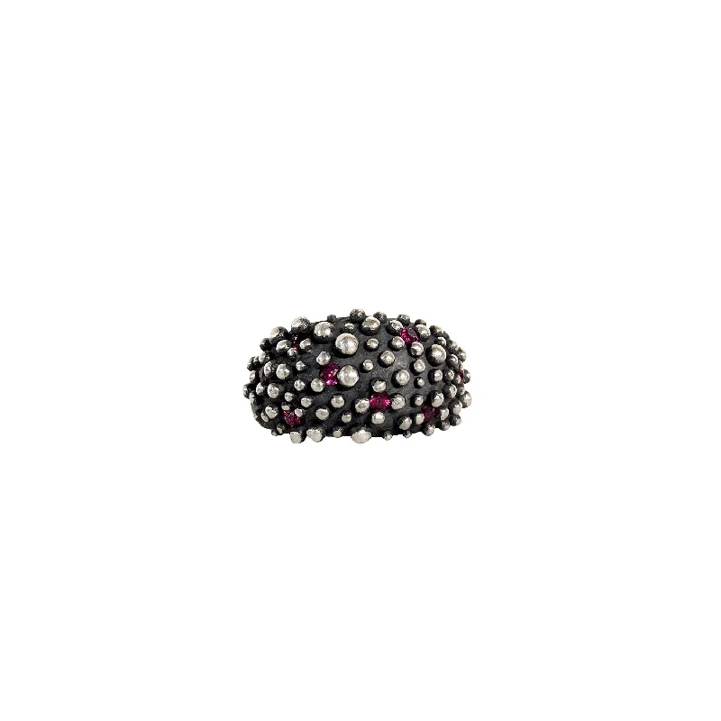 women elegant wedding rings -Bumpy Dome Ring in Oxidized Sterling Silver with Rubies by Dahlia Kanner