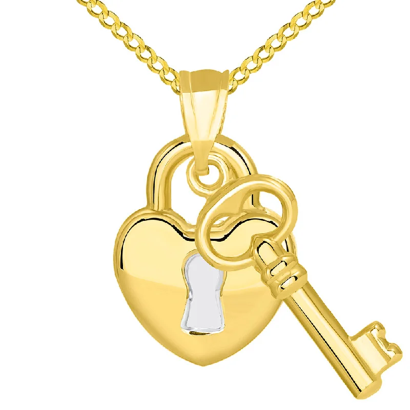 women monogram necklaces -14k Yellow Gold Polished Two Tone Heart Shaped Lock and Love Key Pendant Cuban Necklace