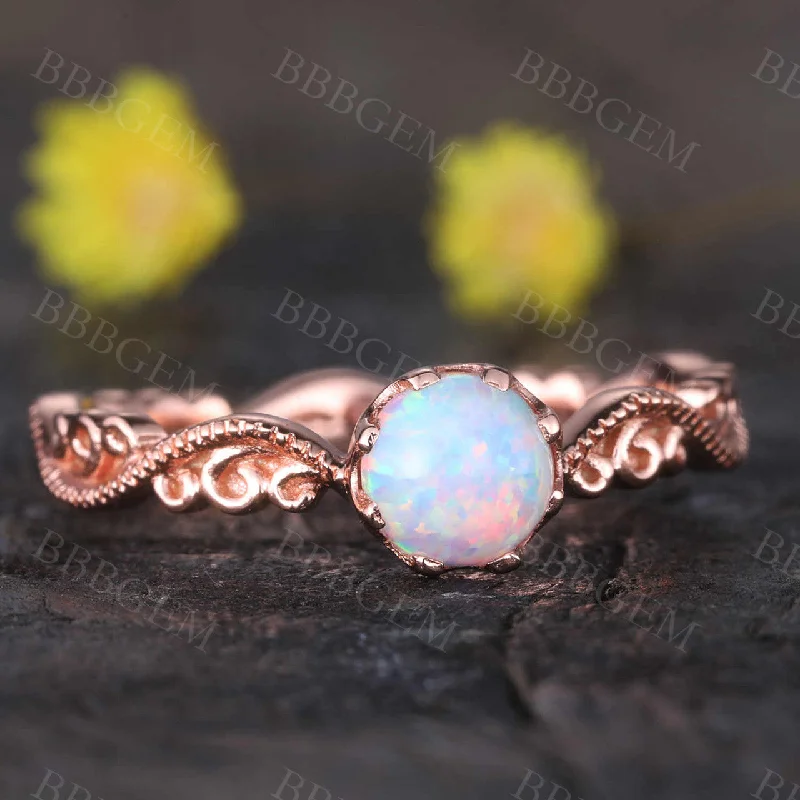 women emerald and diamond engagement rings -Floral Opal Ring Rose Gold Wedding Ring For Women FIligrain Milgrain Solitaire Promise October Birthstone