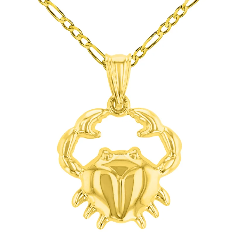 women engagement necklaces -High Polish 14k Yellow Gold 3D Cancer Zodiac Sign Charm Crab Animal Pendant Figaro Chain Necklace