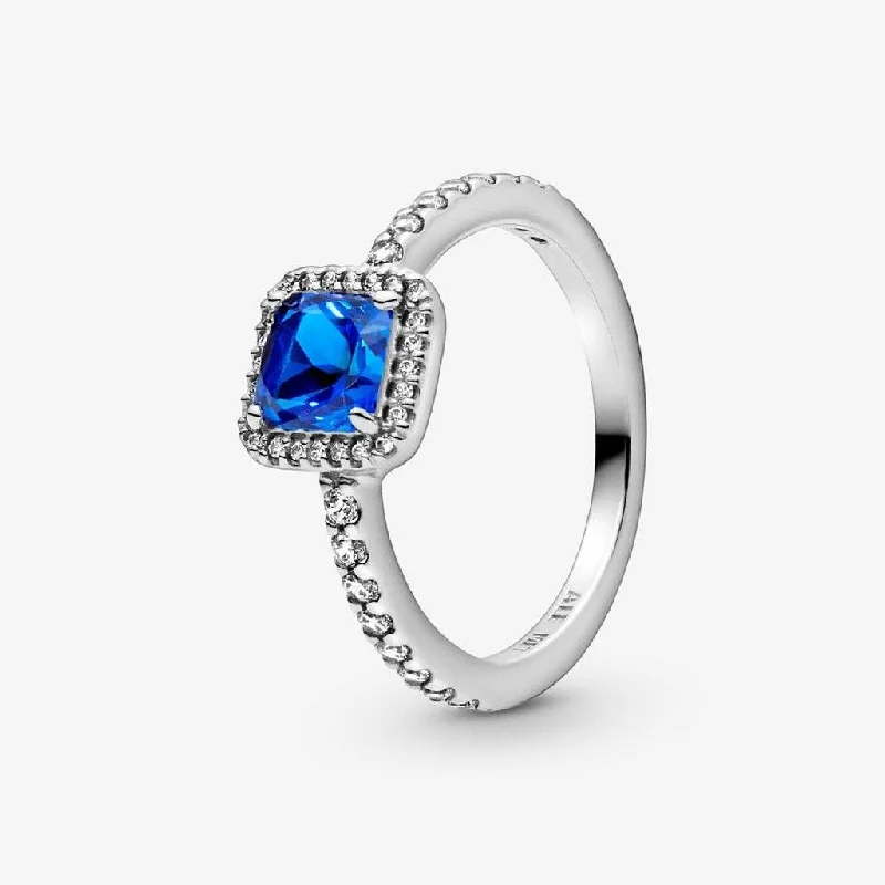 women rose gold rings -PANDORA : Blue Square Sparkle Halo Ring