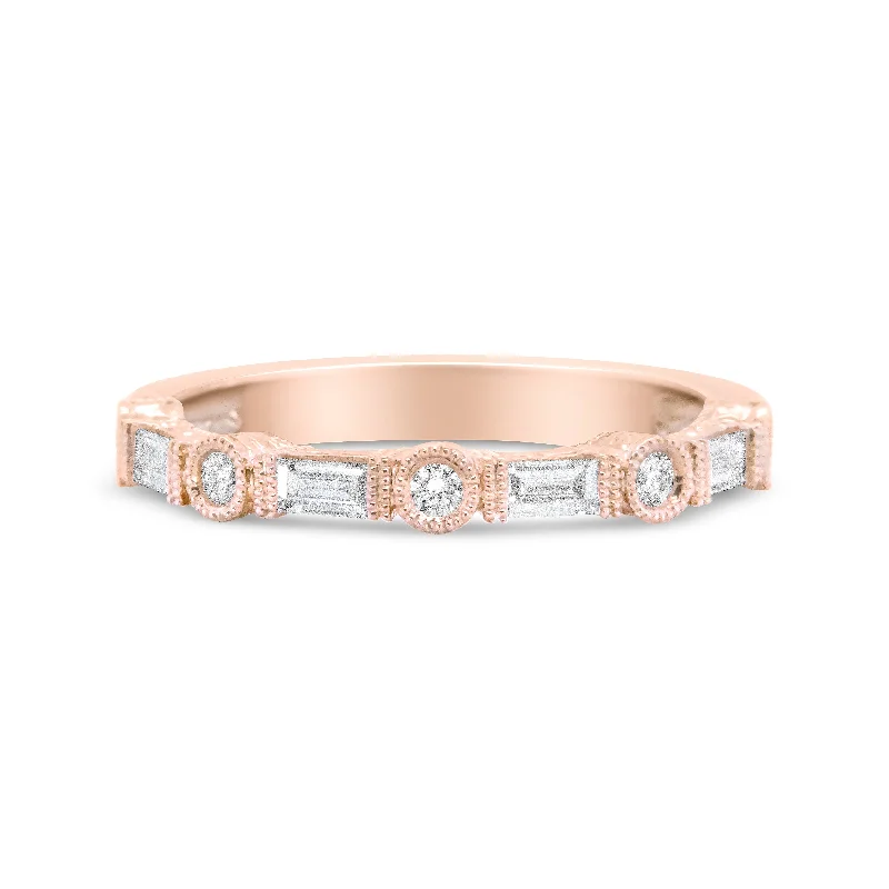 women sapphire solitaire engagement rings -14K Rose Gold 3/8 Cttw Baguette and Round Diamond Bridal Band