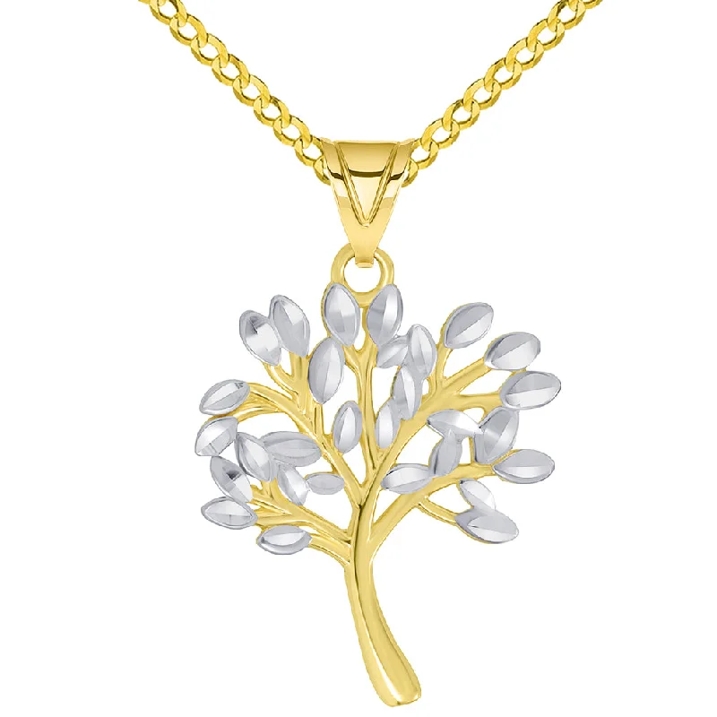 women zodiac necklaces -14k Solid Yellow Gold Textured Two Tone Tree of Life Pendant Necklace Available with Curb Chain