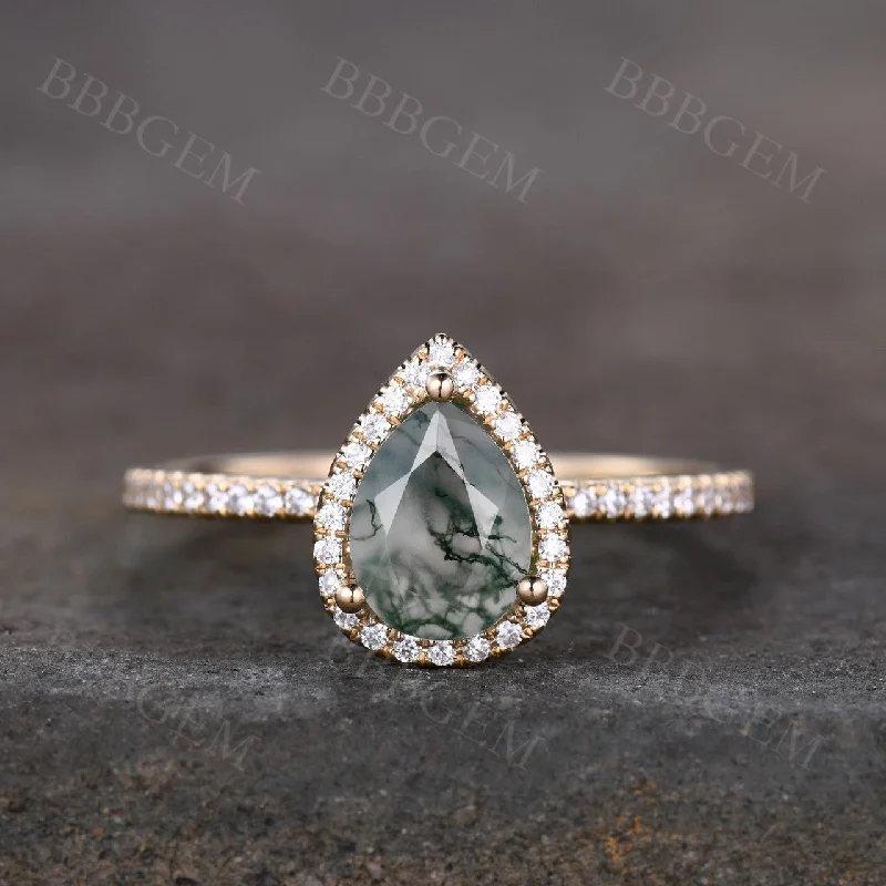 women pear-shaped engagement rings -Pear Moss Agate white gold diamond engagement ring halo vintage ring