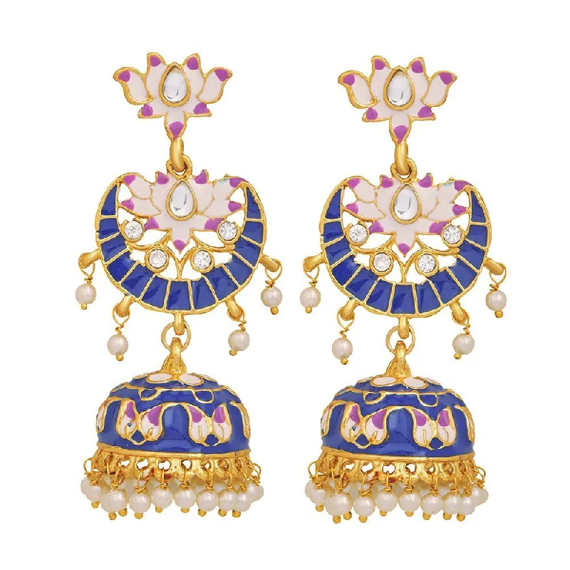 women rose gold earrings -Mahi Blue Meenakari Work Enamelled Lotus Shaped Artificial Pearl and Crystal Dangle Jhumka Earrings for Women (ER1109711GBlu)