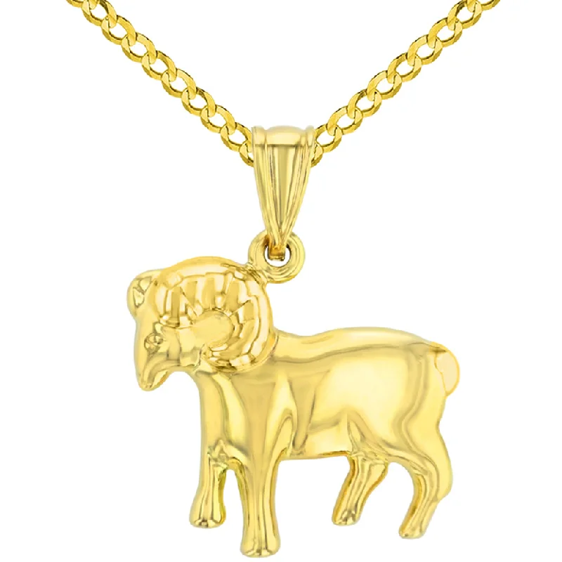 women gemstone drop pendant necklaces -High Polish 14k Yellow Gold 3D Aries Zodiac Sign Ram Animal Pendant Cuban Curb Chain Necklace