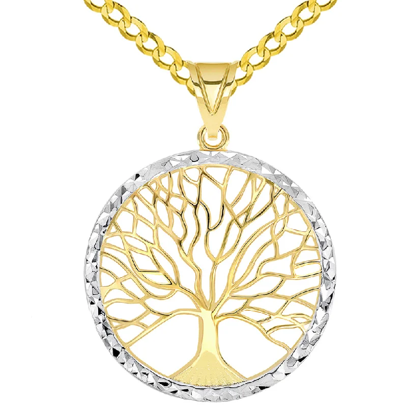 women simple pendant necklaces -14k Yellow Gold Textured Round Elegant Two Tone Tree of Life Medallion Pendant with Curb Chain Necklace