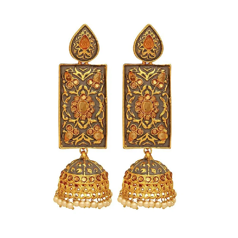 women gold hoop earrings -Mahi Brown Meenakari Work Enamelled Rectangular Dangle Jhumka Earrings with Artificial Pearl for Women (ER1109715GBro)