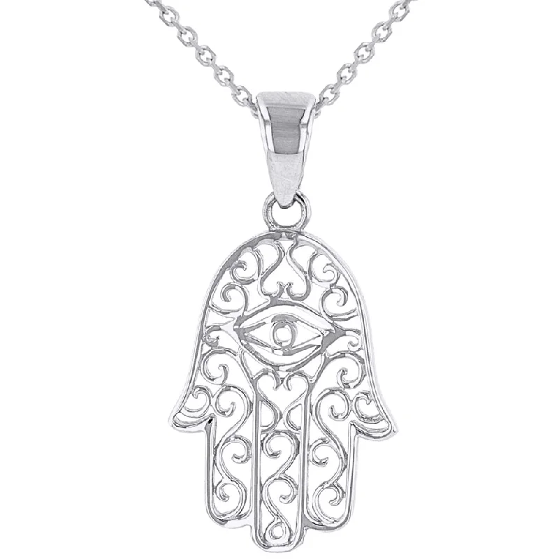 women statement gold necklaces -Solid 14K White Gold Filigree Hamsa Hand of Fatima with Evil Eye Pendant Necklace