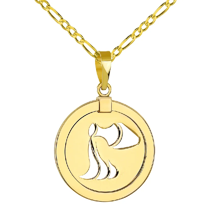 women heart necklaces -14K Yellow Gold Reversible Round Aquarius Zodiac Sign Pendant with Figaro Chain Necklace