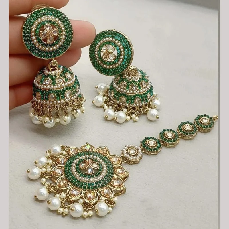 women long earrings -FS Collection Gold Plated Crystal Stone And Pearls Jhumki With Maangtikka