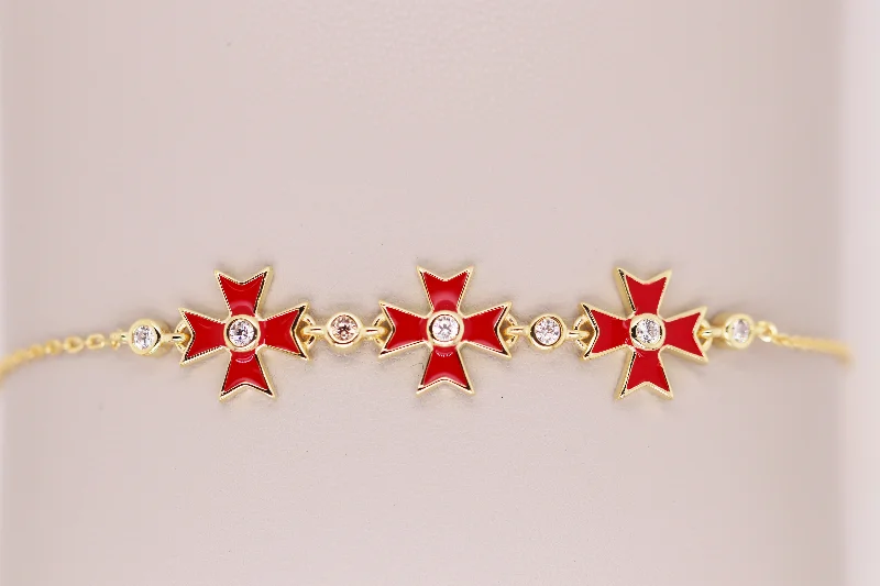 women stacking charm bracelets -Red and Gold Maltese Cross Bracelet Ref: MT01B-RED-YG