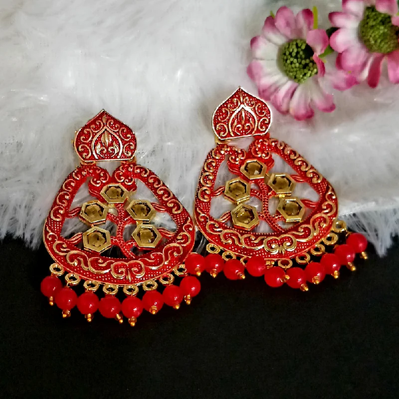 women diamond earrings -Woma Matte Red Meenakari Dangler Beads Drop Earrings