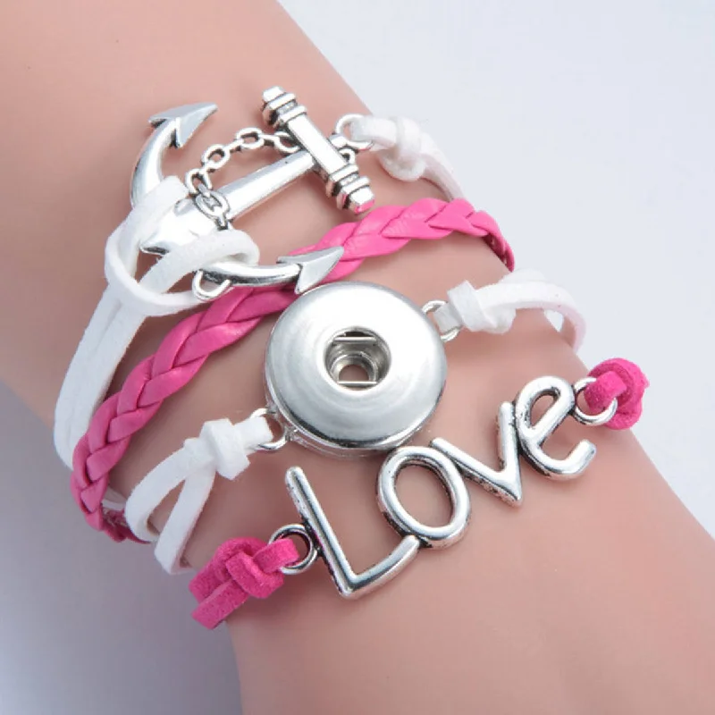 women double chain bracelets -Multi Layered Polyurethane Fuchsia & White Cord Snap Button Bracelet "Love " and Anchor