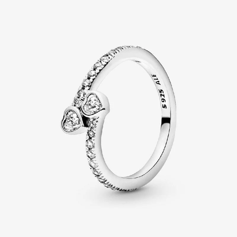 women rose gold rings -PANDORA : Two Sparkling Hearts Ring