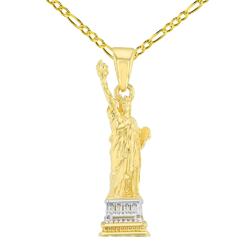 women long necklaces -Solid 14K Yellow Gold Statue of Liberty Charm Pendant with Figaro Chain Necklace