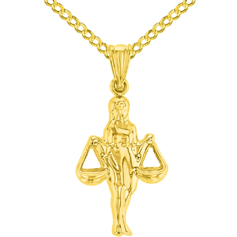 women vintage-style necklaces -High Polish 14k Yellow Gold 3D Libra Zodiac Sign Charm Balance Scale Pendant Cuban Curb Chain Necklace