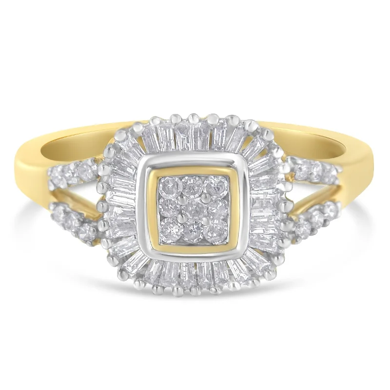 women double halo engagement rings -10K Yellow Gold Round and Baguette Cut Diamond Ballerina Ring