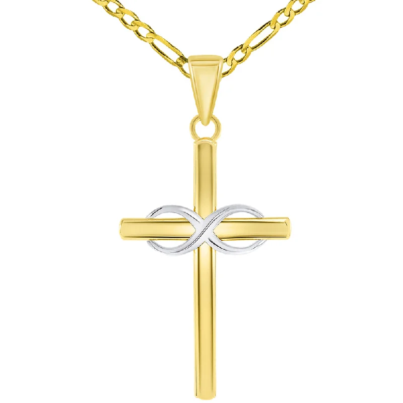 women matching necklaces -14k Two-Tone Gold Religious Plain Cross and Infinity Eternity Symbol Pendant Figaro Chain Necklace