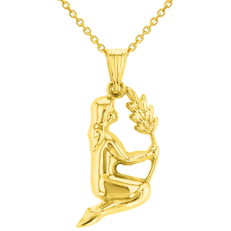 women oversized necklaces -High Polish 14k Yellow Gold 3D Virgo Zodiac Sign Charm Maiden Holding Wheat Pendant Necklace