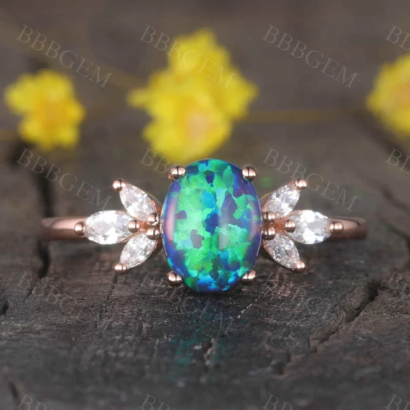 women antique engagement rings -14K/18K  Vintage Black Opal Engagement Ring Moissanite Art Deco Band Promise Jewelry