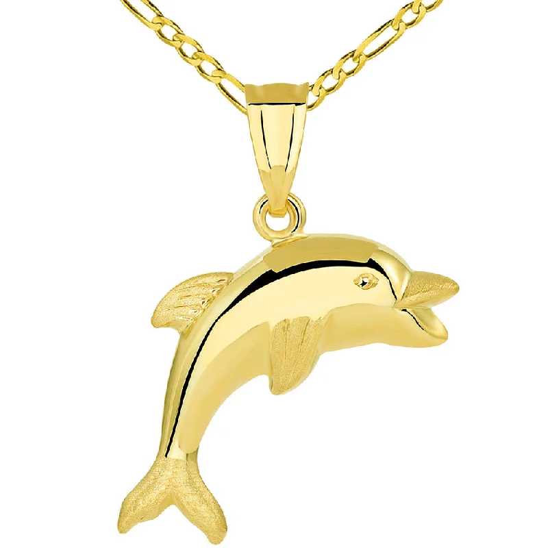 women gold chain necklaces -14k Yellow Gold Polished Smiling and Jumping 3D Dolphin Pendant Figaro Necklace