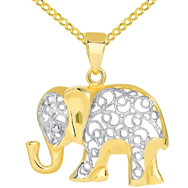 women butterfly pendant necklaces -14k Yellow Gold Elegant Filigree Two Tone Elephant Pendant with Cuban Chain Necklace