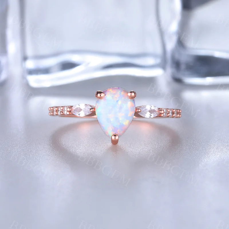 women birthstone engagement rings -Pear Cut White Fire Opal Ring Vintage Engagement Ring Art Deco Style