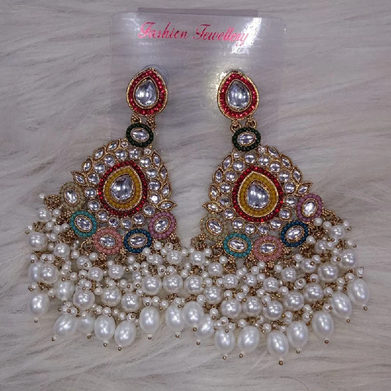 women long earrings -Om Creation Gold Plated Kundan Stone And Beads Dangler Earrings