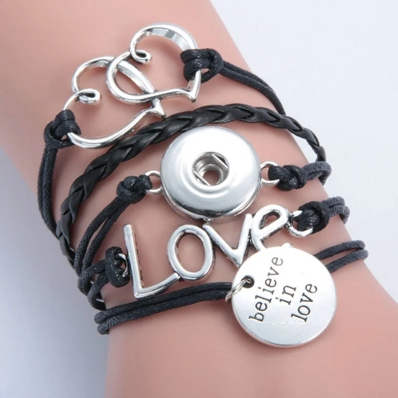 women gemstone charm bracelets -Multi Layered Polyurethane Black Cord Snap Button Bracelet " Believe in Love "