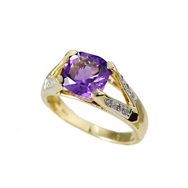 women stack rings -14k yellow gold round amethyst and diamond ring