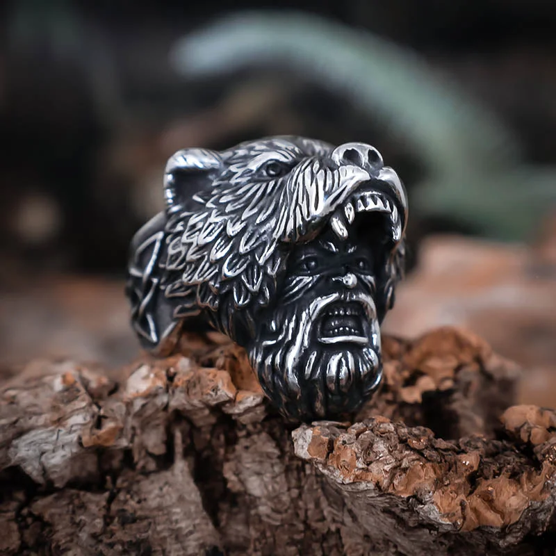 women wide wedding rings -Bear Berserker Ring - Stainless Steel