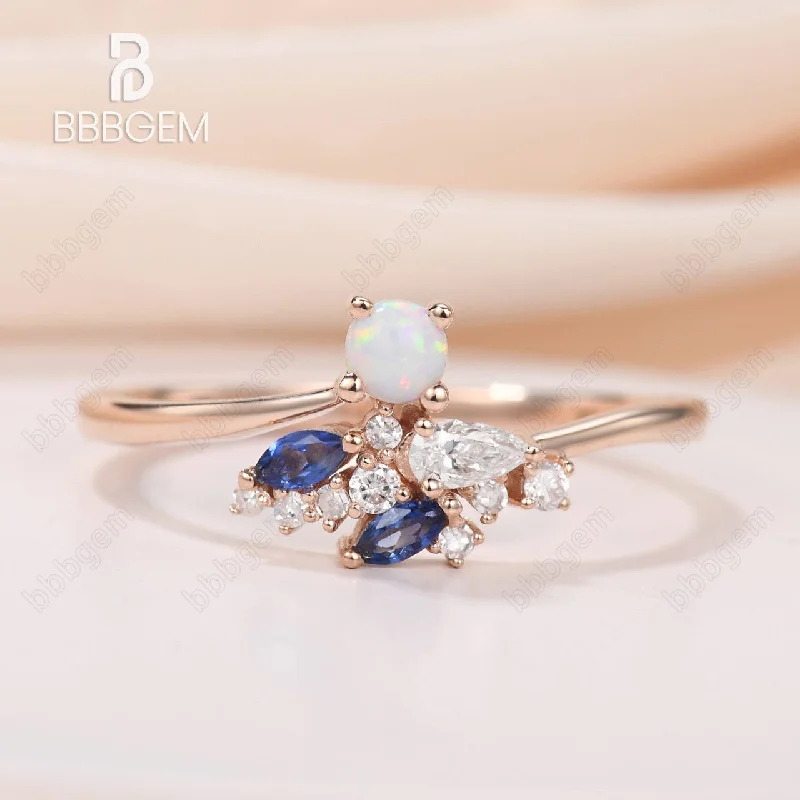 women diamond engagement rings -Unique Curved Opal Sapphire Diamond Engagement Ring Rose Gold