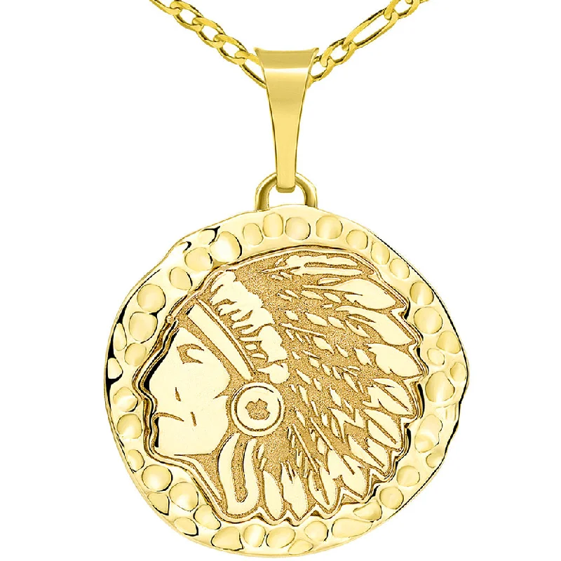 women butterfly pendant necklaces -14k Yellow Gold Hand Engraved Native American Chief Indian Head Round Pendant with Figaro Chain Necklace