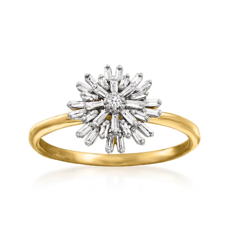 women stackable wedding engagement rings -Ross-Simons Baguette Diamond Starburst Ring in 14kt Yellow Gold