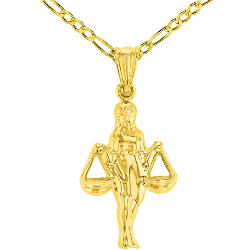 women engraved necklaces -High Polish 14k Yellow Gold 3D Libra Zodiac Sign Charm Balance Scale Pendant Figaro Chain Necklace