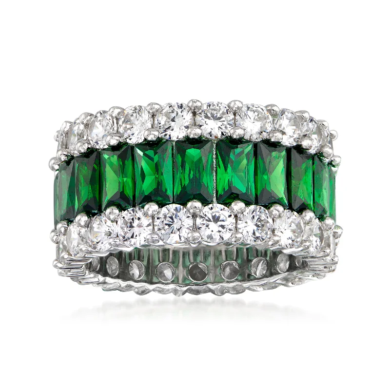 women custom wedding rings -Ross-Simons Simulated Emerald and CZ Eternity Band in Sterling Silver